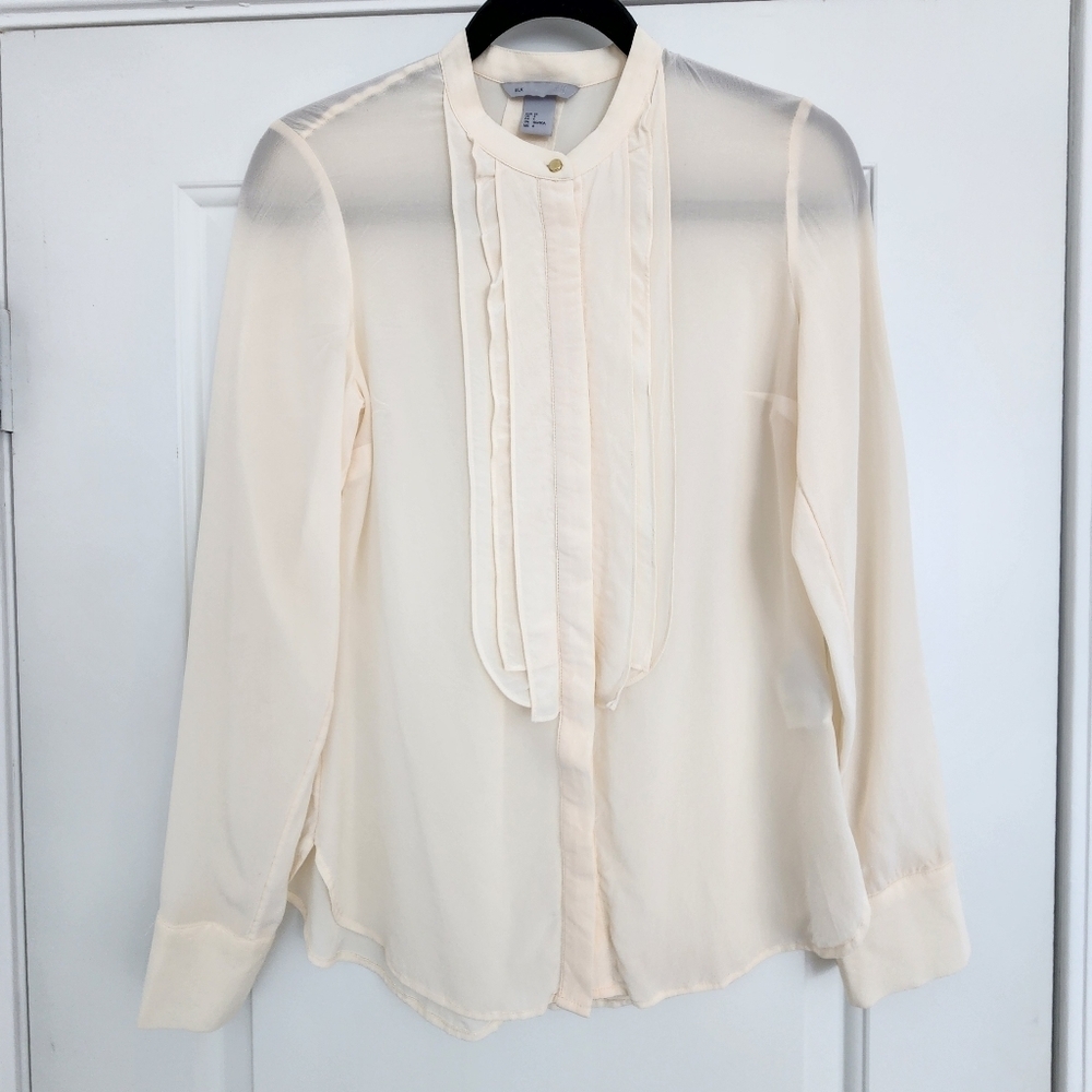 100% Silk H&M Cream Ivory Pintuck Bib Collar Gold Button Long Sleeve Blouse 4